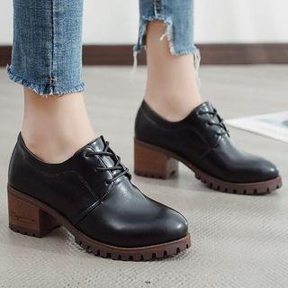 Faux Leather Lace Up Block Heel Shoes