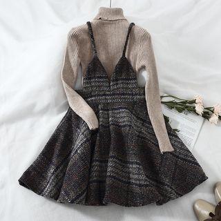 Set: Turtleneck Long-sleeve Knit Top + Plaid Spaghetti Strap A-line Dress