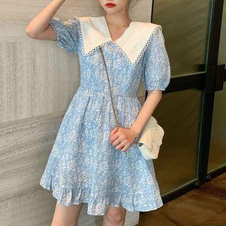 Puff-sleeve Floral Print Wide-collar A-line Dress