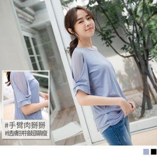 Mesh Panel-sleeve Round Neck Plain Top