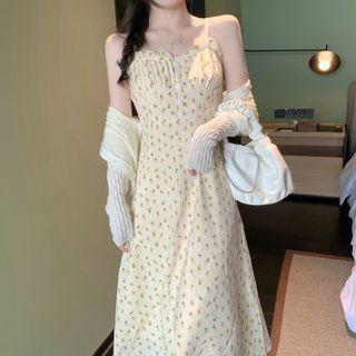 Spaghetti-strap Floral Dress / Long-sleeve Plain Knit Cardigan