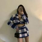Set 2: Long-sleeve Plaid Cropped Top + Mini Skirt