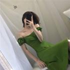 Cap-sleeve Plain A-line Dress Green - One Size