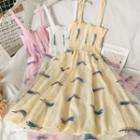 Sleeveless Feather-embroidered Smocked Midi Dress