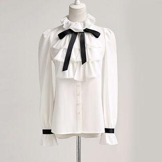 Bell-sleeve Ruffle Trim Blouse / Suspender Pants