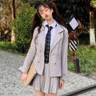 Long-sleeve Tie-neck Shirt / Plaid Blazer / Mini A-line Skirt / Set