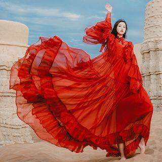 Set: Ruffle Trim Long-sleeve Maxi A-line Dress + Slipdress