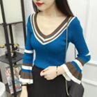 V-neck Bell-sleeve Long-sleeve Top