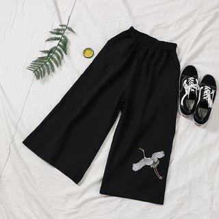 Embroidered Wide-leg Pants Black - One Size