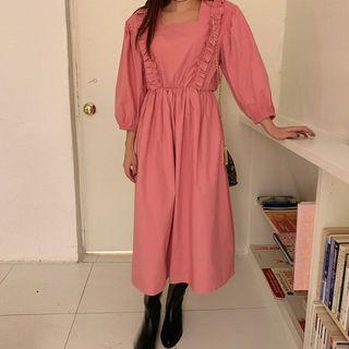 Balloon-sleeve Ruffled Midi A-line Dress Pink - One Size