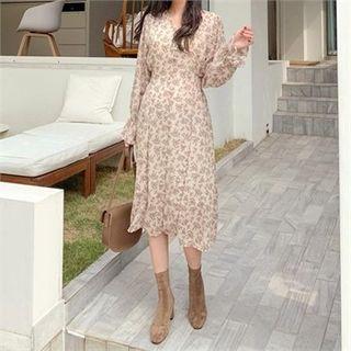 Shirtwaist Floral Chiffon Long Dress Beige - One Size