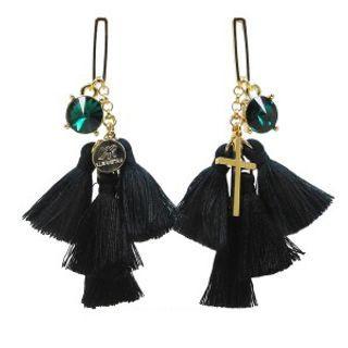 Cross Charm Tassel Earrings (black) One Size
