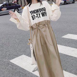 Lettering Drawcord Paneled Midi Pullover Dress