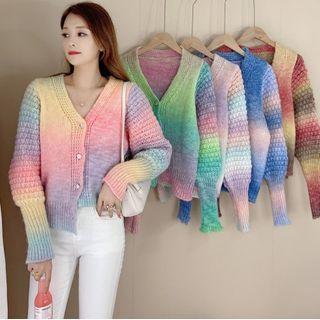 Lantern Sleeve Rainbow Cable Knit Cardigan