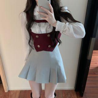 Long-sleeve Ruffled Blouse / Double-breasted Cropped Vest / Pleated Mini A-line Skirt