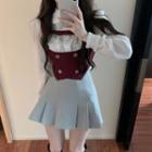 Long-sleeve Ruffled Blouse / Double-breasted Cropped Vest / Pleated Mini A-line Skirt