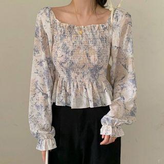 Cold Shoulder Floral Long-sleeve Top Blue Floral - White - One Size