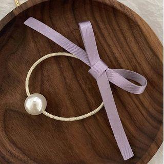 Ribbon Faux Pearl Hair Tie Purple - One Size