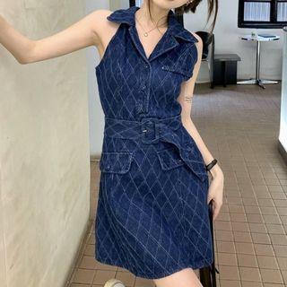 Sleeveless Denim Tie-waist Dress Blue - One Size