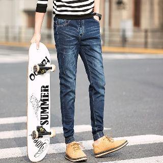Drawstring Slim-fit Gather Cuff Washed Jeans