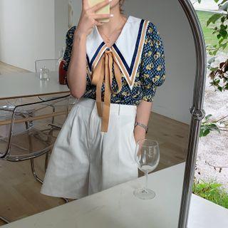 Puff-sleeve Print Contrast Collared Blouse