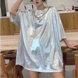 Plain Short-sleeve Loose-fit T-shirt Silver - One Size
