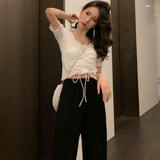 Short-sleeve Drawstring Chiffon Blouse / Straight-cut Pants