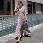 Flared-sleeve Flower Print Midi A-line Dress / Camisole Top
