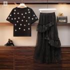 Set: Short-sleeve Sequin Star T-shirt + A-line Midi Skirt