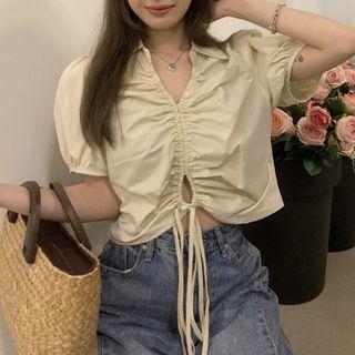 Puff-sleeve Plain Drawstring Shirt Almond - One Size