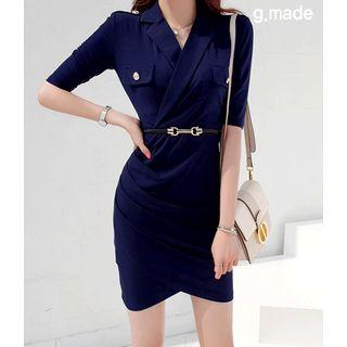Notch-lapel Shirred Wrap Sheath Dress