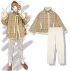 Plaid Zip Coat / Knit Harem Pants