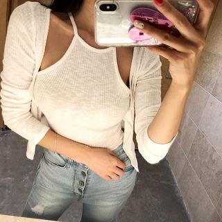 Set: Round-neck Cardigan + Halter Camisole Top