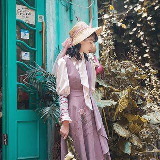 Embroidered Pinstriped Midi Suspender Skirt