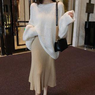 Plain Open-knit Sweater / Midi A-line Knit Skirt