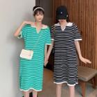 Elbow-sleeve Polo Neck Striped Midi Dress