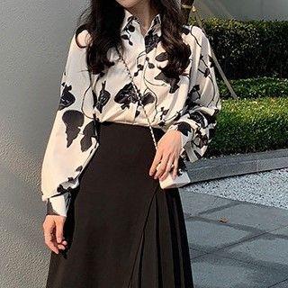 Long-sleeve Print Loose Fit Satin Shirt