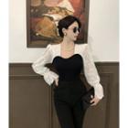 Bell-sleeve Lace Panel Knit Top Black - One Size