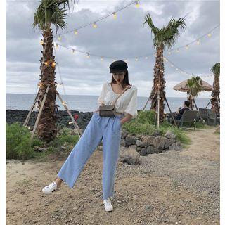 Elbow-sleeve Crop Top White - One Size