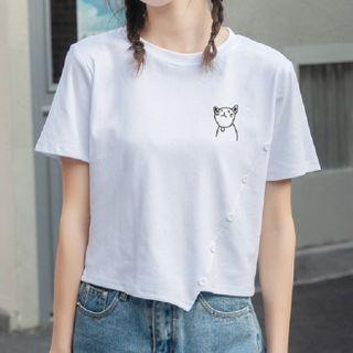 Short-sleeve Cat Print Button-up T-shirt