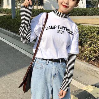 Mock Two-piece Long-sleeve Lettering Stripe T-shirt