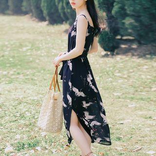 Crane Print Spaghetti Strap Midi Dress