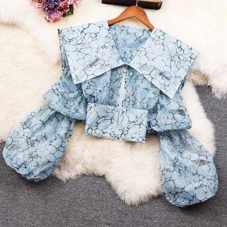 Puff-sleeve Zip-up Blouse Blue - One Size