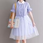 Short-sleeve Mesh Overlay Shirt Dress