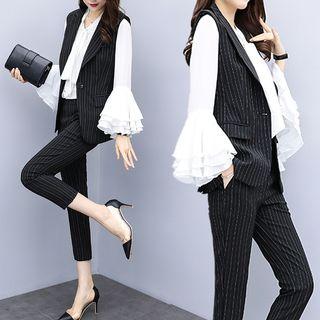 Set: Sleeveless Pinstriped Blazer + Bell-sleeve Blouse + Dress Pants