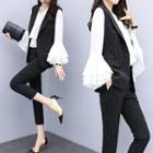 Set: Sleeveless Pinstriped Blazer + Bell-sleeve Blouse + Dress Pants