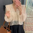 Lace Trim Ruffled Bell-sleeve Chiffon Blouse As Shown In Figure - One Size