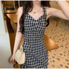 Halter-neck Plaid Lace Trim Dress