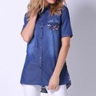 Patterned Panel Short-sleeve Denim Shirt