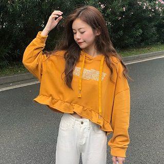 Lettering Print Drawcord Long-sleeve Hooded Sweatshirt
